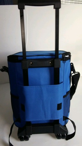 Rolling Insulated Soft Cooler On Wheels Blue Adj. Shoulder Strap 13 1/4x11x8.5" - Picture 3 of 11