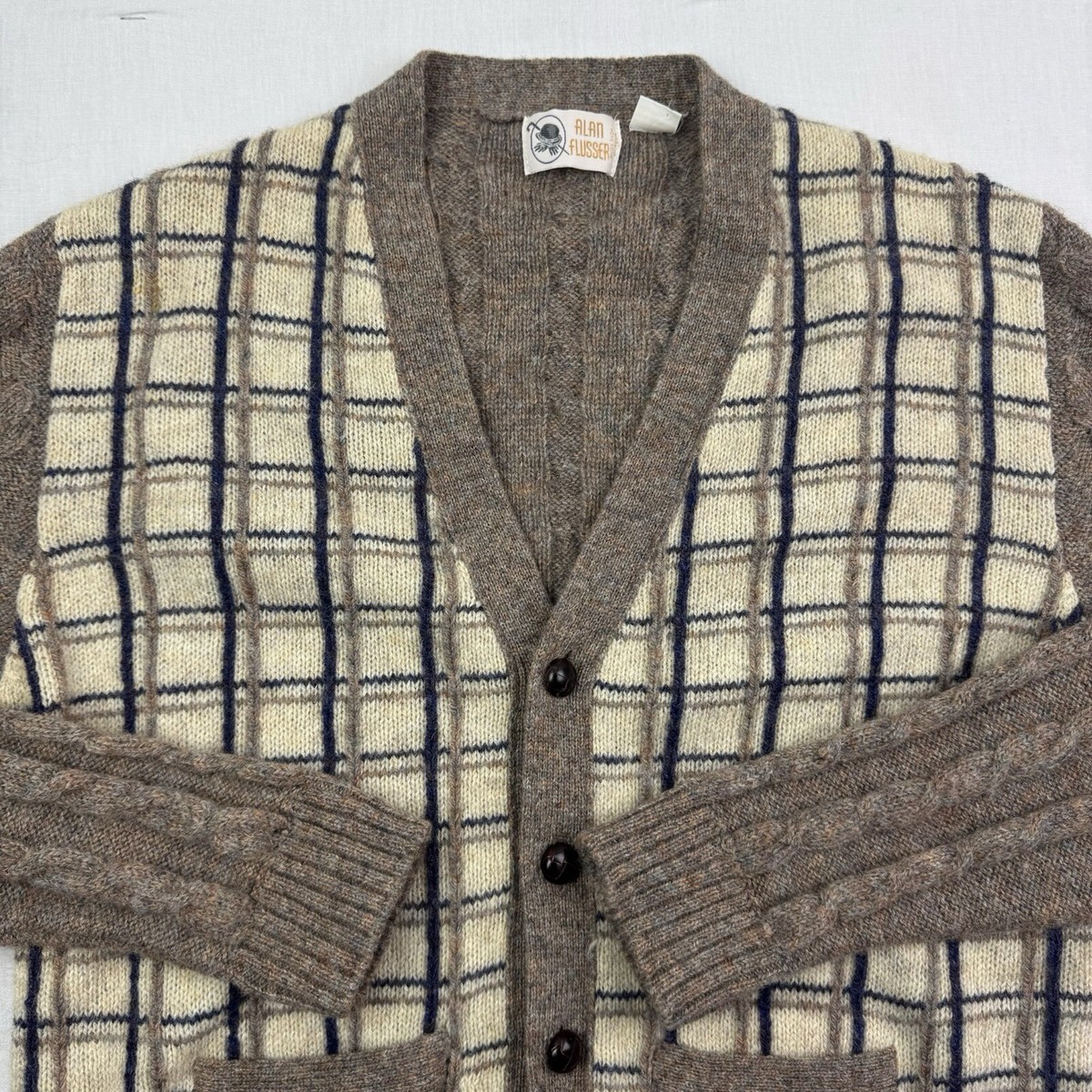 Vintage Alan Flusser Cardigan Sweater Adult Large Brown Plaid 100 