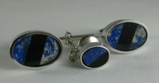 Vintage Swank Black Onyx  Blue Quartz Silvertone Cufflinks  Tie Tac Set