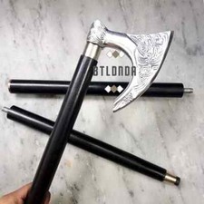 Beautiful Silver Finished Solid Axe Head Handle Wooden Walking Stick Solid Gift