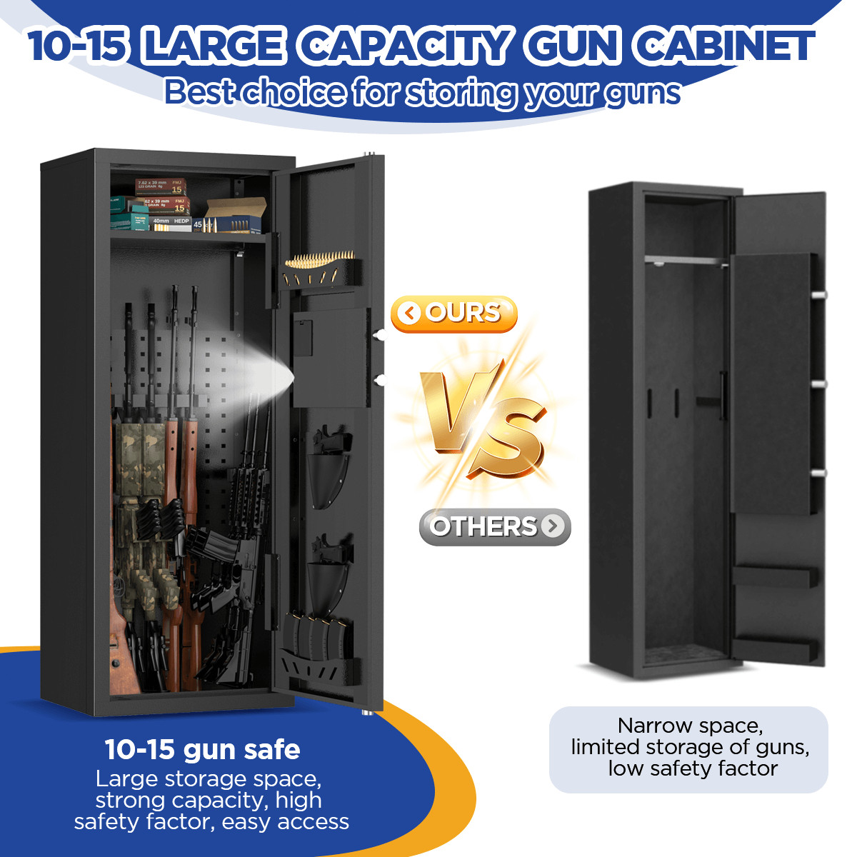 BESAFETY 12-15 Gun Cabinet, Quick Access Long Gun Safe for Home Rifles & Pistols