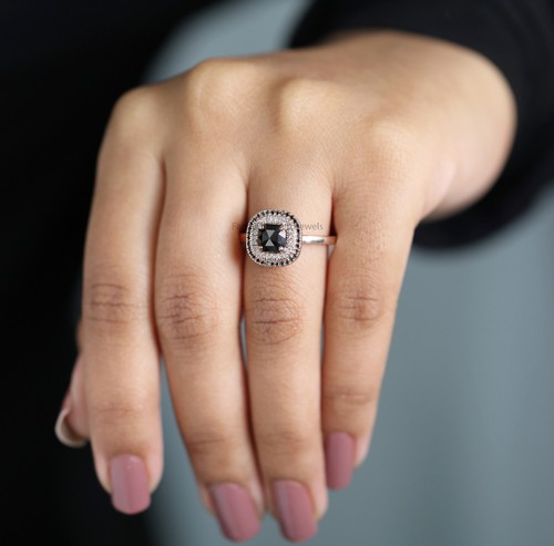 1.02 Ct Cushion Cut Black Color Diamond Ring 14K Rose Gold Engagement Gift Ring - Picture 5 of 9