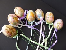 Vintage Lot of 7 Decoupage Paper Mache Easter Eggs on Wire Hangers/Stems