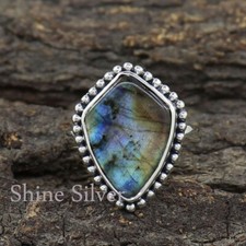 Natural Labradorite 925 Sterling Silver Statement Fancy Silver Ring US 8