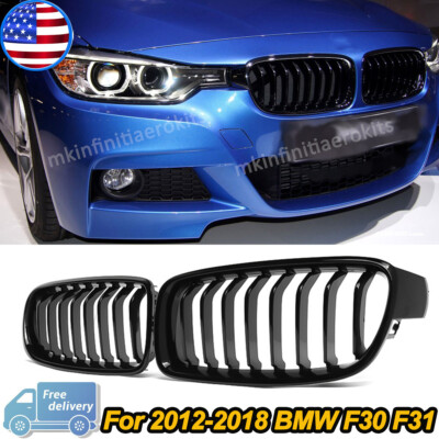 Fit For BMW F30 3 Series 2012-2018 Pair Front Kidney Grille Gloss Black Grille