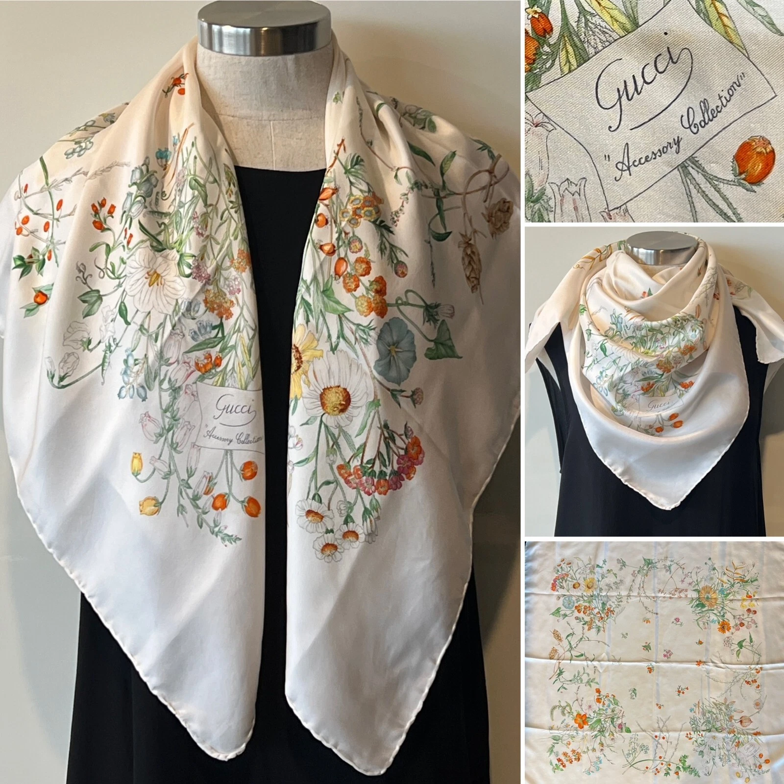 Accessoires vintage GUCCI Italie collection. Écharpe florale sergé soie 86 x 66 cm rouleau à main