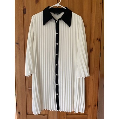 Ming Wang Womens White Black Pleated Rhinestone Button Shift Dress Size M