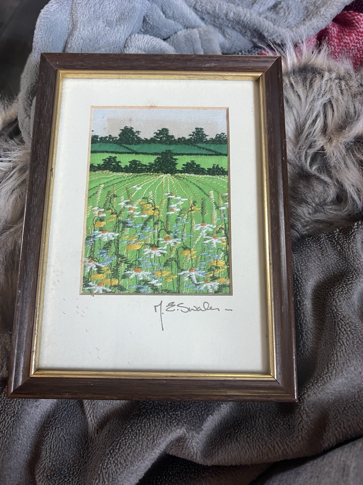 Vintage embroidery art picture farmland fields flowers frame 19.5 x 14.5 signed 