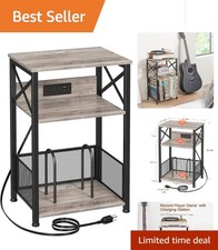 Stylish Turntable Stand with Ample Storage and Charging Options for Home Decor