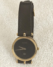 Vintage Gucci Womens Watch Black Dial Gold Plated w/Black Lizard Strap ..