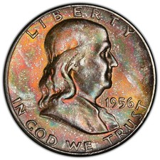 Medio dólar Franklin 1956-P graduación profesional MS65+ (más) con tono Monster Rainbow ¡Increíble!