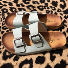 Women s Light Blue Leather Slide Sandals Doub...