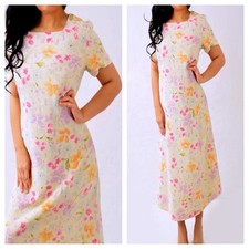 TALBOTS Yellow Pink Orange Purple Floral Midi Short Sleeve Dress 10 M Petite