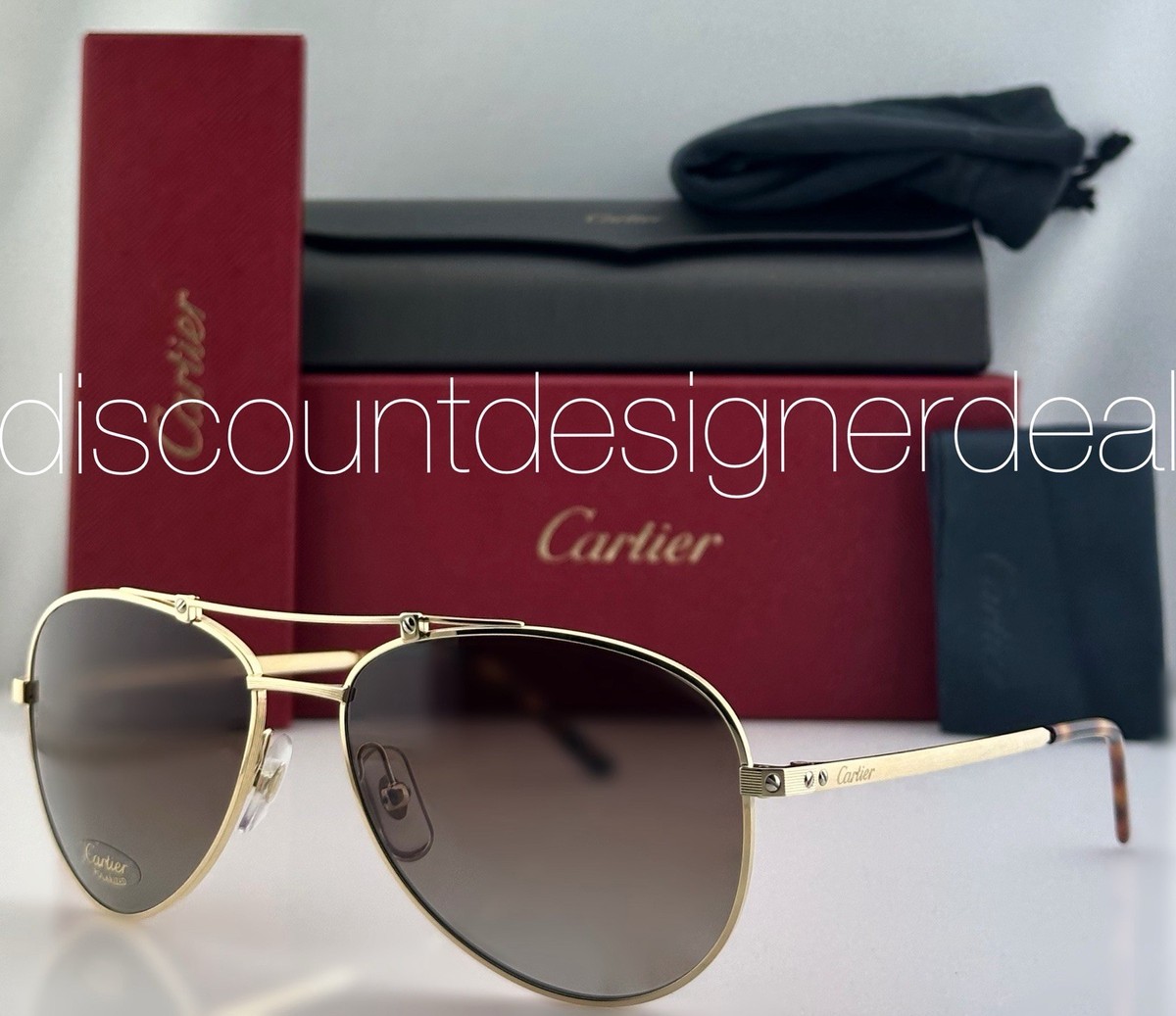 Cartier Sunglasses Men Gold Titanium Brown Polarized Aviator 59mm 