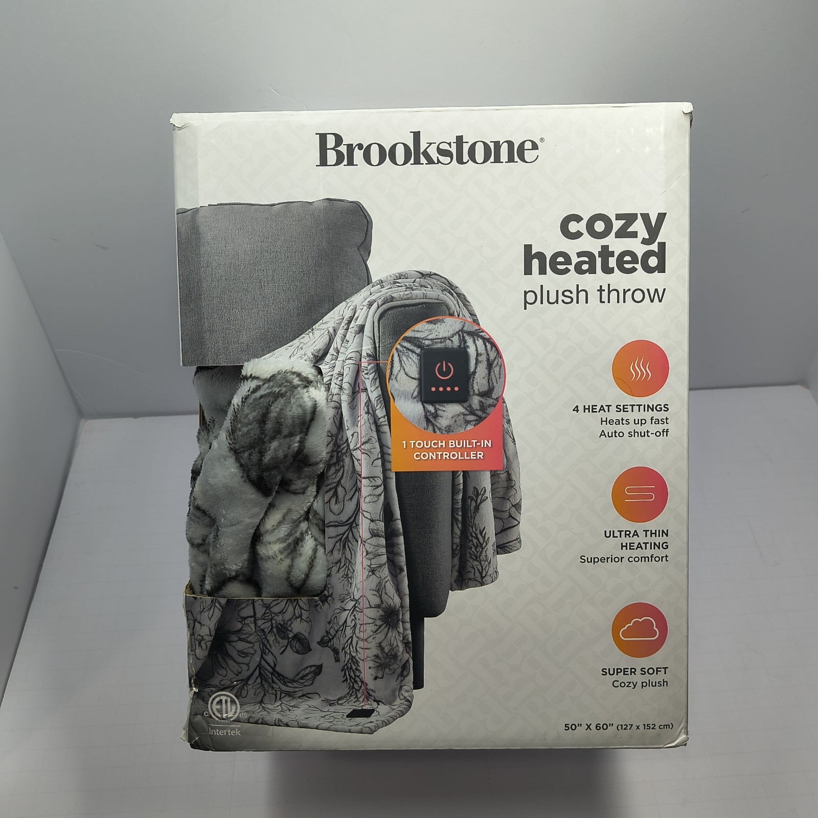 Brookstone Heated Plush Throw 50x60 Gray Floral Ultra Thin H