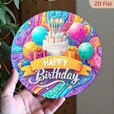 Happy Birthday Balloon-Themed Aluminum Tin Metal Signs Home D cor 8x8 Inch Round