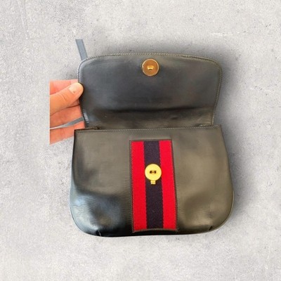 RARE Vintage Gucci 1970s Black Leather Web Stripe Crossbody