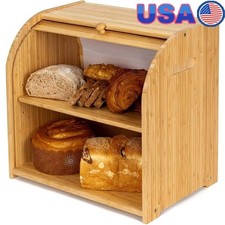 Bamboo Bread Box W/ Adjustable Shelf Ventilated Roll-Up Lid Kitchen Storage New
