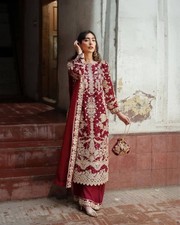 New Designer Red Faux Georgette Top Palazzo With Dupatta For Wedding Wear