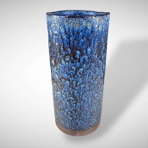 Mid Century Brutalist Studio Pottery Lava Glaze Vase Blue Brown Vintage 1960s
