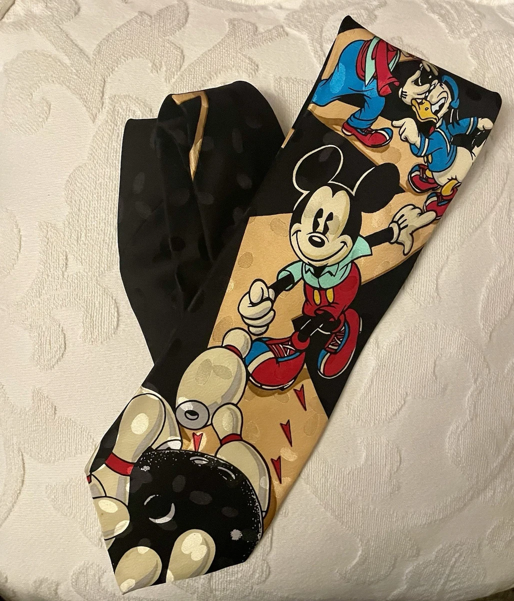 Vintage 1990s Disney Mickey Mouse Bowling Strike 100% Silk Tie, American Store
