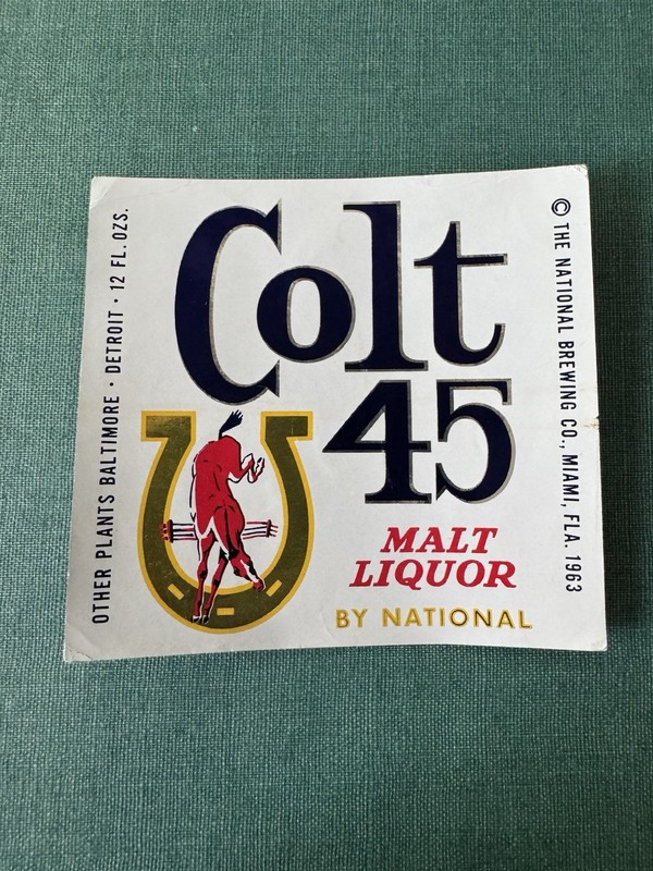 Colt 45 Beer Bottle Label Malt Liquor National Brg Miami Fl Florida 1963