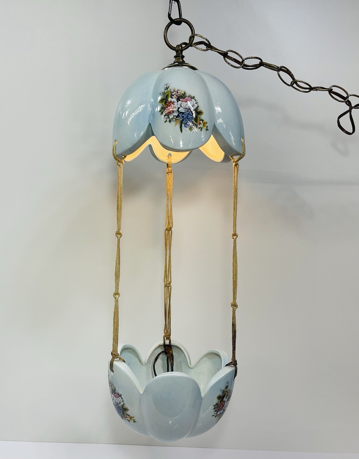 Vtg 60s 70s Ceramic Swag Light Plant Hanger Baby Blue Floral Motif 27”