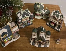6 PC Porcelain  Christmas Holiday Village Enchanted Forest 5 Buildings, 1 Figure