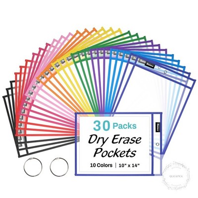 30 Packs Oversized Reusable Dry Erase Pocket Sleeves with 2 Rings, 10 Assorted
