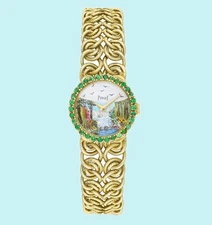 Vintage Ladies' Piaget watch in 18K Yellow Gold w/Tsavorites, hand-painted dial