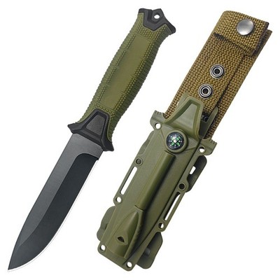 Survival Fixed Blade Knife - 2-Tone, Black Coated & Sheath with Built-in Compass