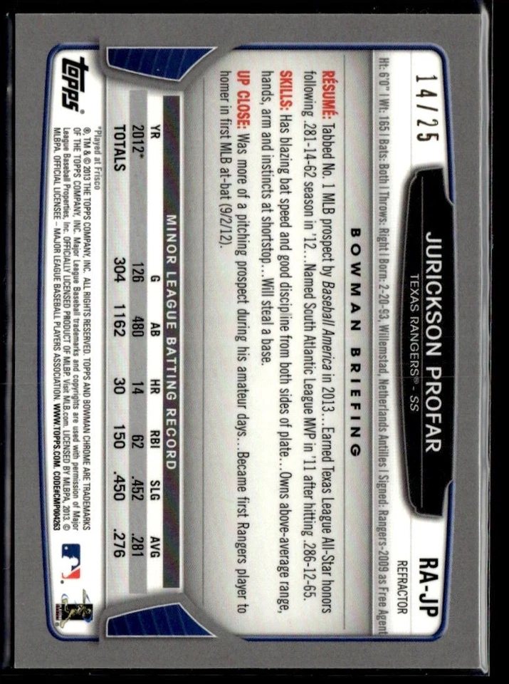 2013 Bowman Chrome Orange Refractor Auto RC Jurickson Profar 14/25 Rangers - Image 2 of 2