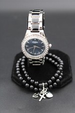 Buffalo Damen Schmuck Set silber schwarz Armband Uhr 32mm Quarz Uhr analog Perle