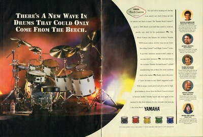 1998 2pg Print Ad of Yamaha Beech Custom Drum Kit w Sonny Emory, David Garibaldi