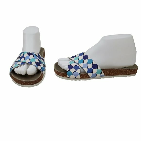 APL Boden sandali 37 6 slide sughero blu pois bassi cinturino incrociato pelle bianco squame