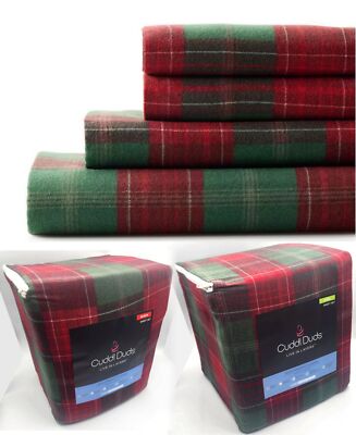 Cuddl Duds Flannel HOLIDAY PLAID Red Green Sheet Set 100% Brushed Cotton-QN King