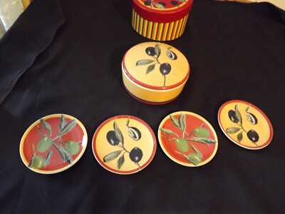 MONKEY & PEDDLER 6PC OIL DIPPING SET BREAD 4 plates & storage CERAMIC tuscan col