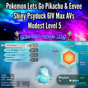 Details About Pokemon Lets Go Pikachu Eevee Shiny Psyduck 6iv Max Avs Modest Level 5