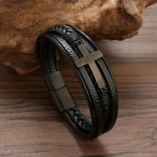 Men's Cross Leather Bracelet Stainless Steel Religion Christian Bless Bangle 1PC