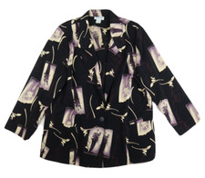 VINTAGE WOMEN'S BLACK PRINT OVERSIZED UNLINED BLAZER JACKET - JOANNA - SIZE L