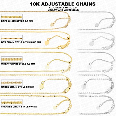 10k Gelb- oder Weißgold Box, Kabel, Weizen, Seil & Glitzer verstellbare Kette 22''