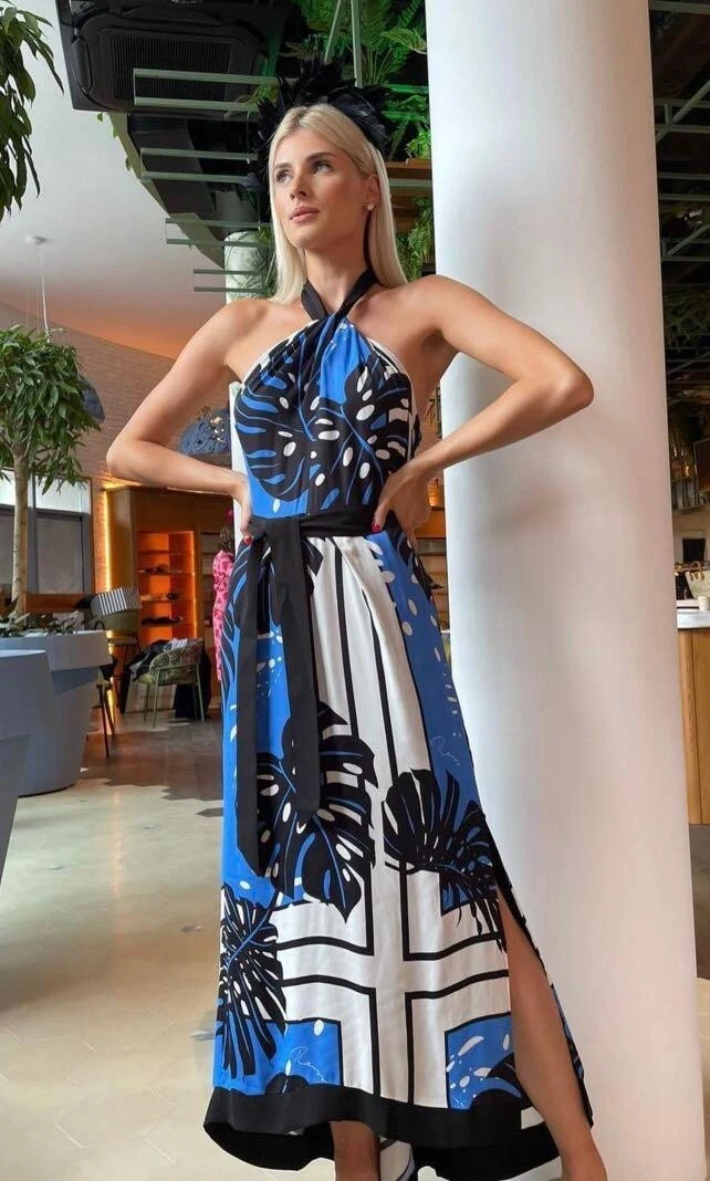 REISS Erin Palm Printed Halter Maxi Dress Long Occasion Party 14 42 | eBay