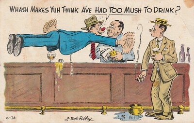 Vintage Postcard Humor Comic Drank man at the bar, A've had too mush to drink