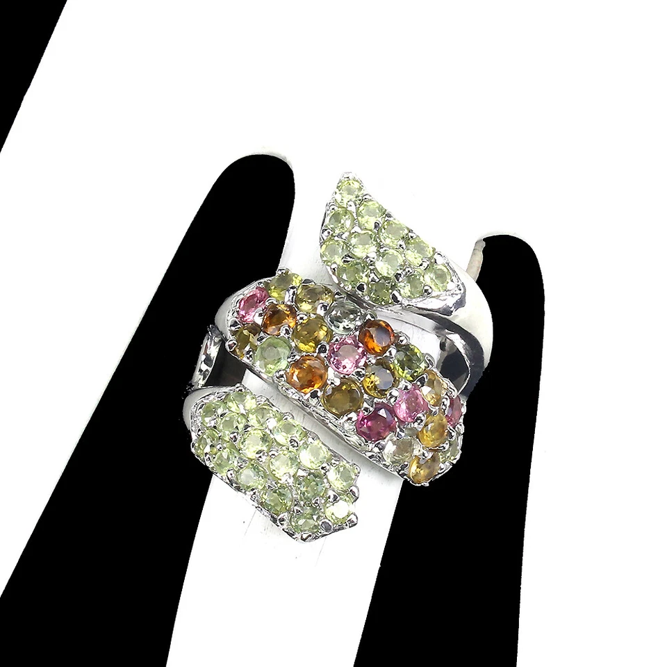 Anillo de plata de ley 925 redondo turmalina peridoto piedras preciosas naturales joyería talla 7 Foto 3 de 4