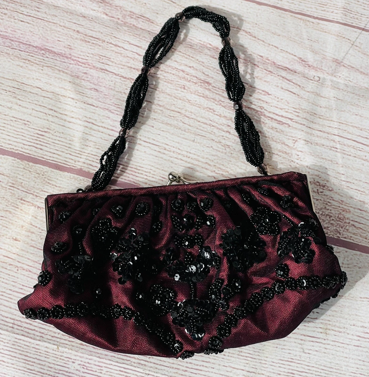 La Regale Beaded Evening Bag Maroon & Black Glass Beads, Sequins All Bead  Strap