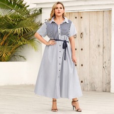 Women' s Summer Short Sleeve Casual Loose Stripe Long Dress with Belt Plus Size