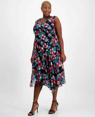 Connected Plus Size Printed Surplice-Neck Handkerchief-Hem Dress Black Multi 16W