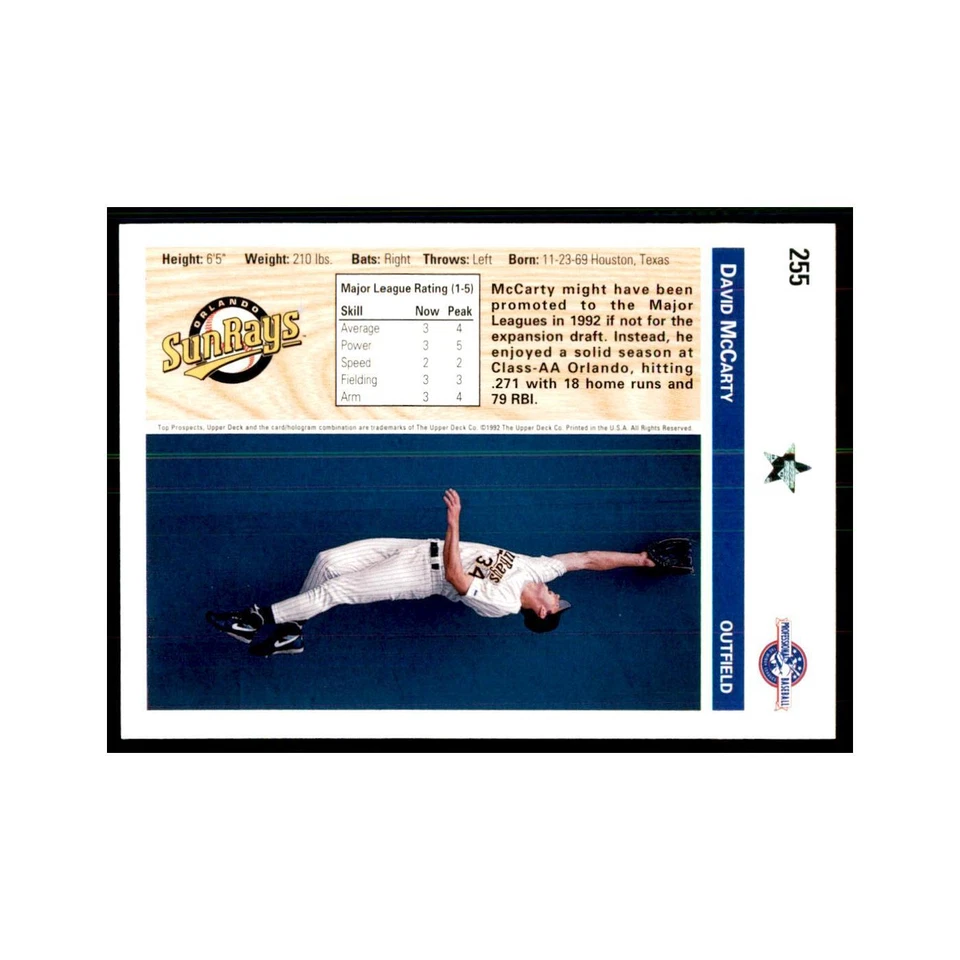 David McCarty 1992 Upper Deck Minor League #255 Baseball Cards Baseball Card NM - Image 2 of 3