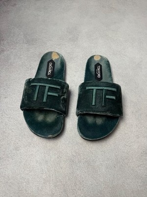 Tom Ford Teal Velvet TF Logo man's Slippers Slides US7-8