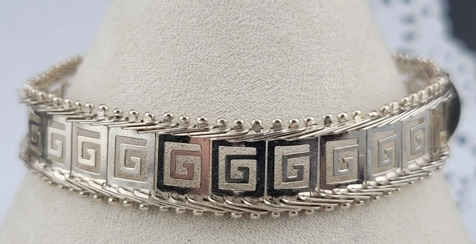 Vintage 12mm Wide Sterling Silver Greek Key Panel Tank Chain Bracelet 7.5" - Image 4 of 4